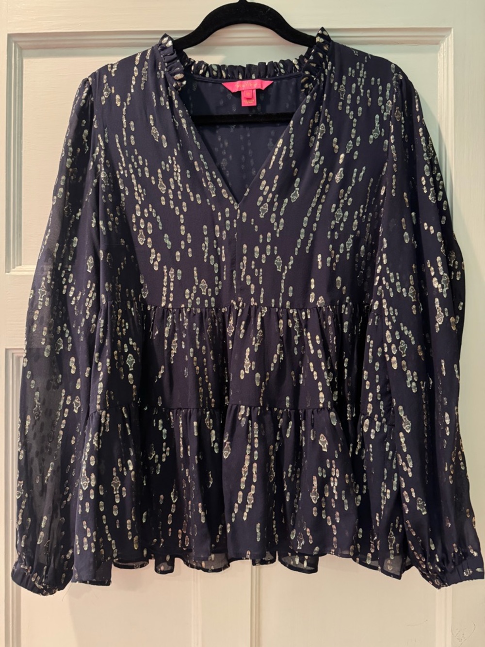 Lilly Pulitzer Sarita Long Sleeve Silk Top - Navy and Gold - Picture 2 of 3